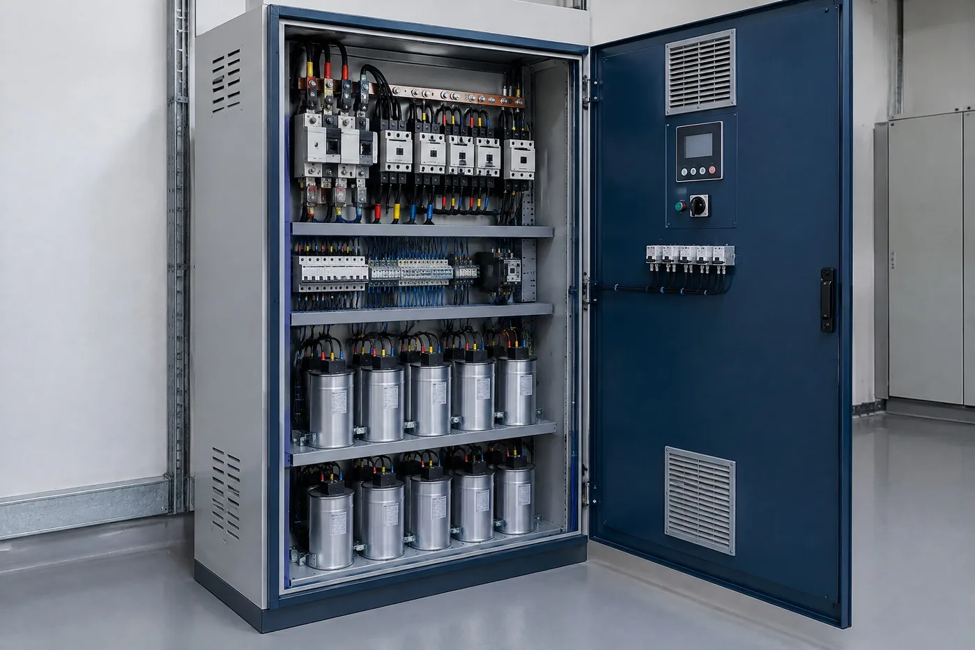 Banco automático de capacitores de baixa tensão dentro de quadro elétrico — imagem ilustrativa
